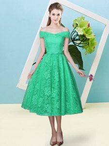 Lace Cap Sleeves Tea Length Court Dresses for Sweet 16 and Bowknot
