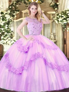 Adorable Floor Length Zipper Quince Ball Gowns Lilac for Military Ball and Sweet 16 and Quinceanera with Beading and Appliques