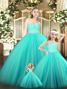 Hot Selling Turquoise Ball Gowns Tulle Sweetheart Sleeveless Beading and Lace Floor Length Zipper Sweet 16 Dress