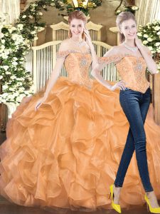 Sweet Floor Length Lace Up Ball Gown Prom Dress Orange Red for Military Ball and Sweet 16 and Quinceanera with Beading and Ruffles