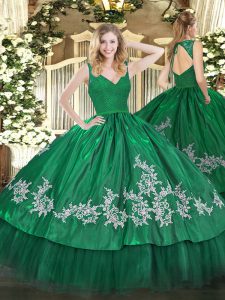Modern Dark Green V-neck Backless Beading and Lace and Appliques Quinceanera Gown Sleeveless