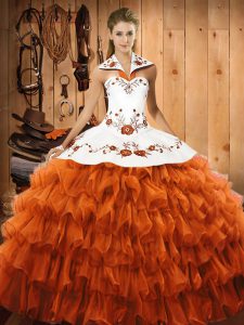 High Quality Embroidery and Ruffled Layers Quinceanera Dress Rust Red Lace Up Sleeveless Floor Length