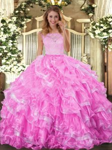 Cheap Rose Pink Scoop Neckline Lace and Ruffled Layers Quince Ball Gowns Sleeveless Clasp Handle