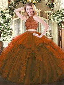 Flare Sleeveless Floor Length Beading and Ruffles Backless Quince Ball Gowns with Brown