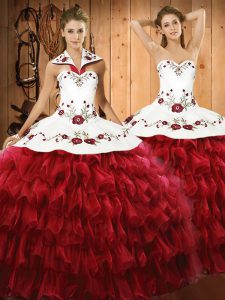 Sexy Floor Length Lace Up Quinceanera Dresses Wine Red for Military Ball and Sweet 16 and Quinceanera with Embroidery and Ruffled Layers
