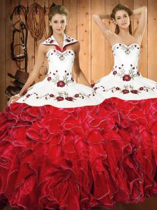 White And Red Sleeveless Satin and Organza Lace Up Sweet 16 Dresses for Military Ball and Sweet 16 and Quinceanera