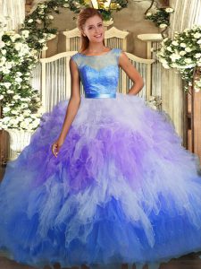 Extravagant Multi-color Ball Gowns Lace and Ruffles Quinceanera Gown Backless Tulle Sleeveless Floor Length