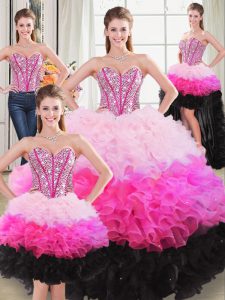 Sleeveless Organza Floor Length Lace Up Quinceanera Gown in Multi-color with Beading and Ruffles