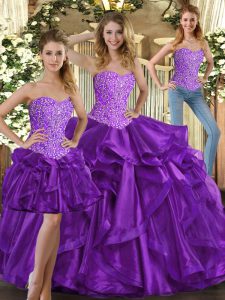 Beautiful Eggplant Purple Sweetheart Neckline Beading and Ruffles Ball Gown Prom Dress Sleeveless Lace Up