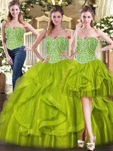Olive Green Sweetheart Neckline Beading and Ruffles Quinceanera Dress Sleeveless Lace Up