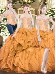 Orange Red Sleeveless Floor Length Beading and Ruffles Lace Up 15th Birthday Dress