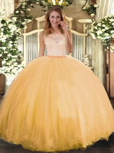 Gold Sleeveless Tulle Clasp Handle Vestidos de Quinceanera for Military Ball and Sweet 16 and Quinceanera
