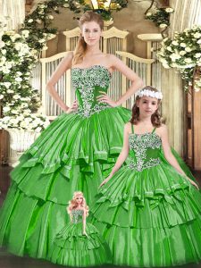 Simple Green Lace Up Quinceanera Gowns Beading and Ruffled Layers Sleeveless Floor Length