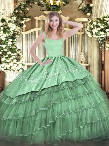 Embroidery and Ruffled Layers Sweet 16 Dresses Green Zipper Sleeveless Floor Length