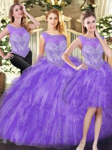 Free and Easy Eggplant Purple Three Pieces Beading and Ruffles Quinceanera Dresses Lace Up Organza Sleeveless Floor Length