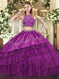 Purple Two Pieces Tulle High-neck Sleeveless Beading and Embroidery and Ruffled Layers Floor Length Zipper Sweet 16 Quinceanera Dress