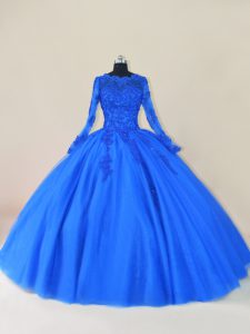 Royal Blue Ball Gowns Scalloped Long Sleeves Tulle Floor Length Zipper Lace and Appliques Quinceanera Gowns