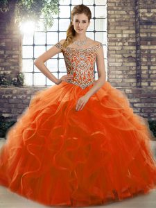 Fantastic Lace Up Quinceanera Gown Orange Red for Military Ball and Sweet 16 and Quinceanera with Beading and Ruffles Brush Train