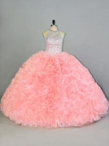 Inexpensive Peach Sleeveless Organza Lace Up Quinceanera Gowns for Sweet 16 and Quinceanera