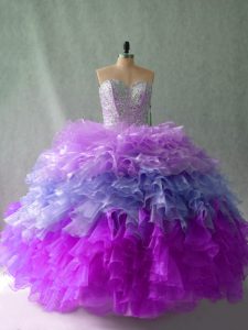 Multi-color Lace Up Quince Ball Gowns Beading and Ruffles Sleeveless Floor Length