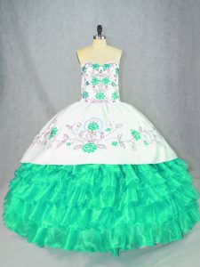 Turquoise Sleeveless Embroidery and Ruffled Layers Floor Length Ball Gown Prom Dress
