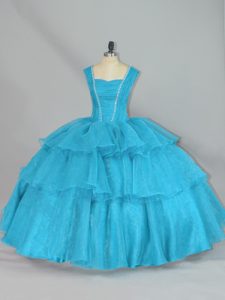 Aqua Blue Sleeveless Floor Length Beading and Ruffled Layers Lace Up 15th Birthday Dress