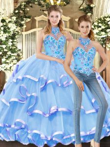 Stunning Blue Halter Top Neckline Embroidery and Ruffled Layers Quinceanera Gowns Sleeveless Lace Up
