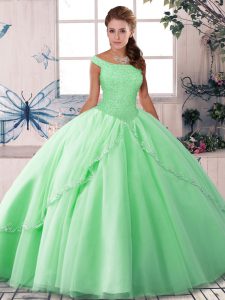 Decent Apple Green Tulle Lace Up Off The Shoulder Sleeveless 15th Birthday Dress Brush Train Beading