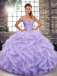 Tulle Sleeveless Floor Length Sweet 16 Dress and Beading and Ruffles