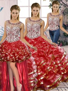 Red Sleeveless Floor Length Beading and Ruffles Lace Up Sweet 16 Quinceanera Dress