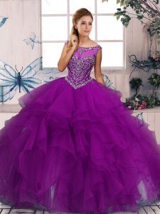 Great Purple Zipper Scoop Beading and Ruffles Sweet 16 Dresses Organza Sleeveless