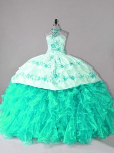Court Train Ball Gowns Quinceanera Dresses Turquoise Halter Top Organza Sleeveless Lace Up