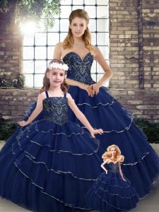 Sweetheart Sleeveless Brush Train Lace Up Sweet 16 Quinceanera Dress Navy Blue Tulle