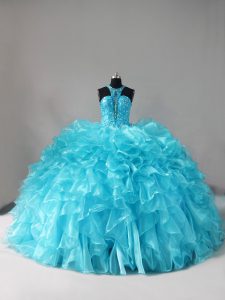Eye-catching Aqua Blue Ball Gowns Organza Halter Top Sleeveless Beading and Ruffles Lace Up 15 Quinceanera Dress Brush Train
