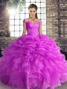 Super Lilac Organza Lace Up Vestidos de Quinceanera Sleeveless Floor Length Beading and Ruffles and Pick Ups