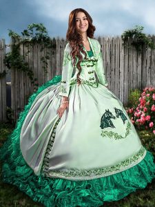 Turquoise Ball Gowns Embroidery and Ruffles Quinceanera Gown Lace Up Satin and Organza Sleeveless Floor Length