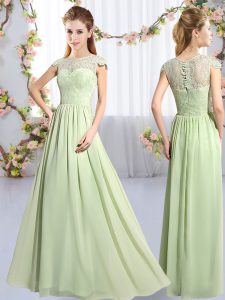 Modern Yellow Green Chiffon Clasp Handle Scoop Cap Sleeves Floor Length Quinceanera Court of Honor Dress Lace