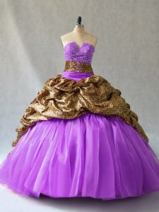 Floor Length Lace Up Quince Ball Gowns Lavender for Sweet 16 and Quinceanera with Beading and Pick Ups