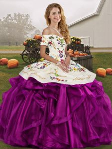 White And Purple Ball Gowns Off The Shoulder Sleeveless Organza Floor Length Lace Up Embroidery and Ruffles 15 Quinceanera Dress