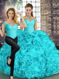 Aqua Blue Off The Shoulder Neckline Beading and Ruffles 15 Quinceanera Dress Sleeveless Lace Up