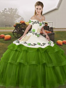 Olive Green Lace Up 15th Birthday Dress Embroidery and Ruffled Layers Sleeveless Brush Train