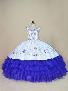 Clearance White And Purple Cap Sleeves Embroidery and Ruffled Layers Floor Length Quinceanera Dresses