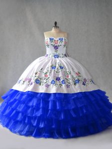 Comfortable Sweetheart Sleeveless 15 Quinceanera Dress Embroidery and Ruffled Layers Royal Blue Organza