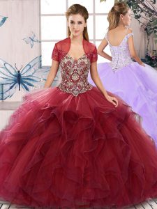 Tulle Off The Shoulder Sleeveless Lace Up Beading and Ruffles Ball Gown Prom Dress in Burgundy