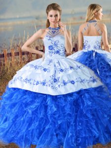 Enchanting Royal Blue Halter Top Lace Up Embroidery and Ruffles Vestidos de Quinceanera Court Train Sleeveless