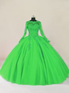Modern Tulle Scalloped Long Sleeves Zipper Lace Quinceanera Gown in Green