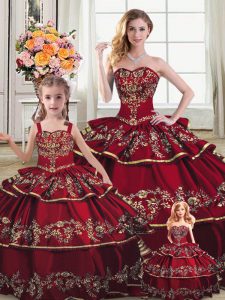 Enchanting Wine Red Lace Up 15th Birthday Dress Embroidery and Ruffled Layers Sleeveless Floor Length