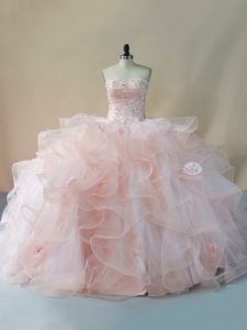 Noble Peach Sleeveless Tulle Brush Train Lace Up Sweet 16 Quinceanera Dress for Sweet 16 and Quinceanera