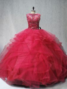 Beading and Ruffles Quinceanera Gown Coral Red Lace Up Sleeveless Brush Train