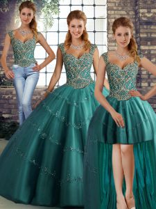 Beautiful Teal Three Pieces Beading and Appliques Quince Ball Gowns Lace Up Tulle Sleeveless Floor Length